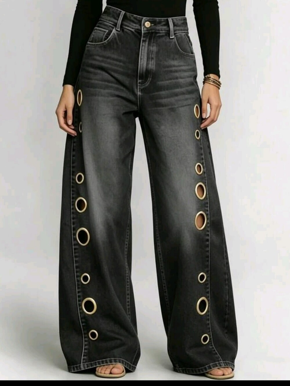 Wide Leg Black Jeans with Gold Eyelet Detail - Picture 2 of 6